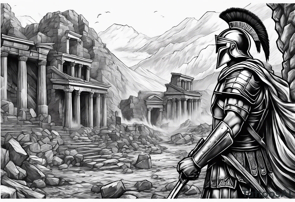 Spartan soldier looking left at burning ruins tattoo idea Spartan soldier looking left at burning ruins tattoo idea