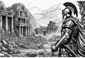 Spartan soldier looking left at burning ruins tattoo idea