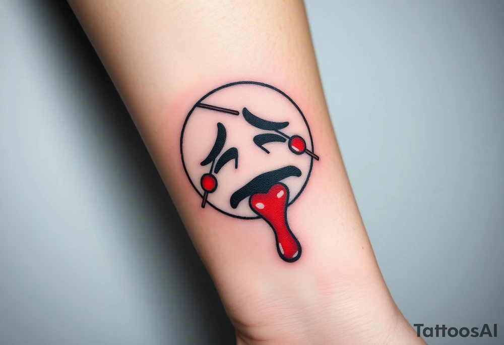 Crying emoji with realistic stitching on its face leaking blood tattoo idea