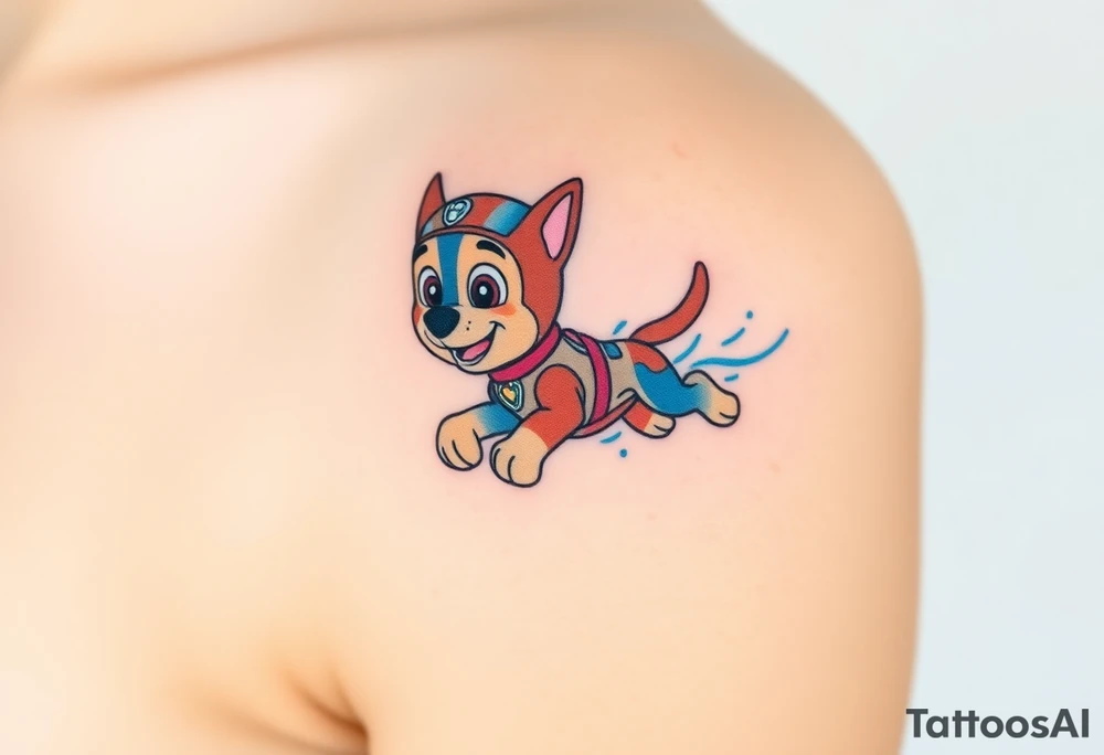 A dynamic silhouette of Paw Patrol member Chase in mid-leap, surrounded by blue energy lines, creating a sense of speed. tattoo idea