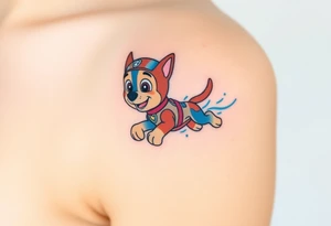 A dynamic silhouette of Paw Patrol member Chase in mid-leap, surrounded by blue energy lines, creating a sense of speed. tattoo idea