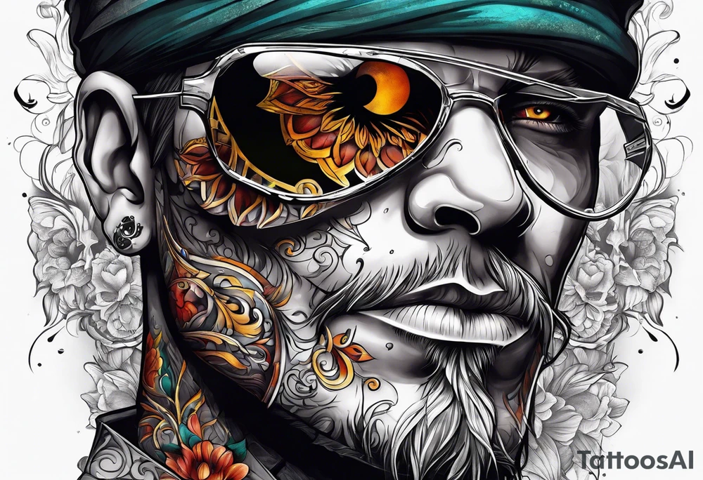 one eyed man with half face skull tattoo idea