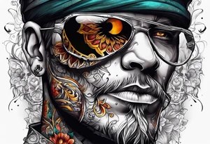 one eyed man with half face skull tattoo idea