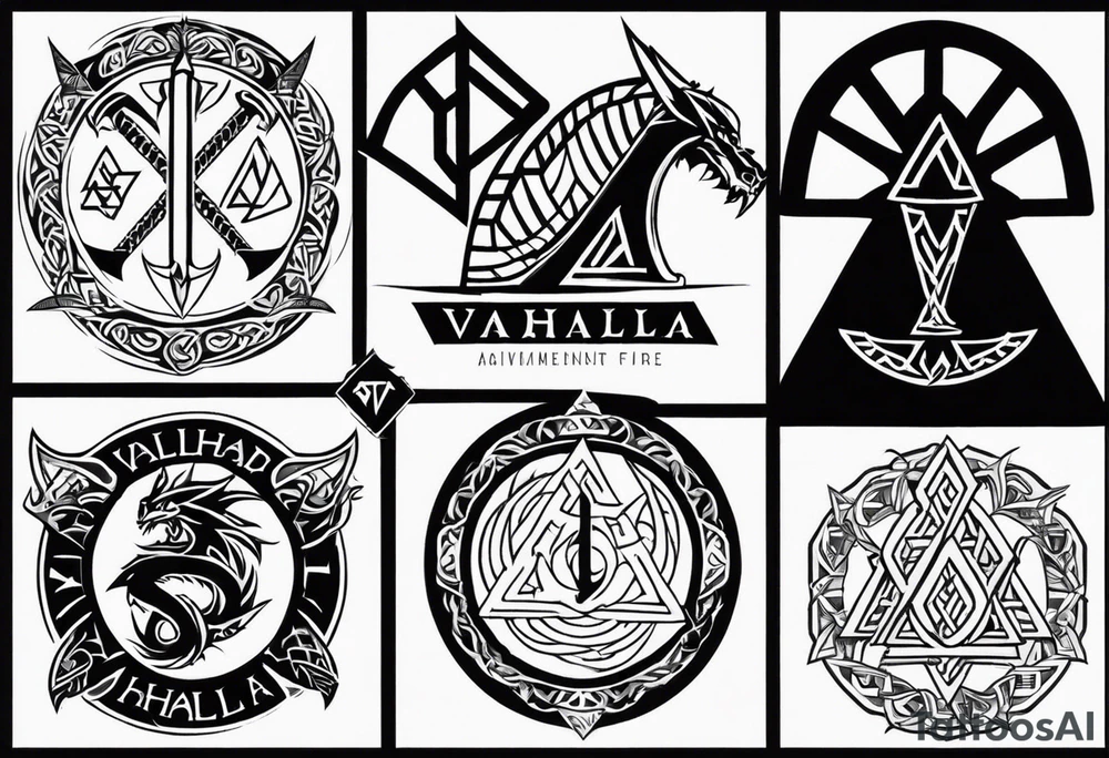 Valhalla sword shield dragon axe Valknut fire tattoo idea