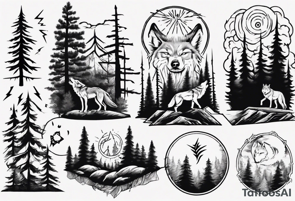 lightning over forest with wolf howling tattoo idea