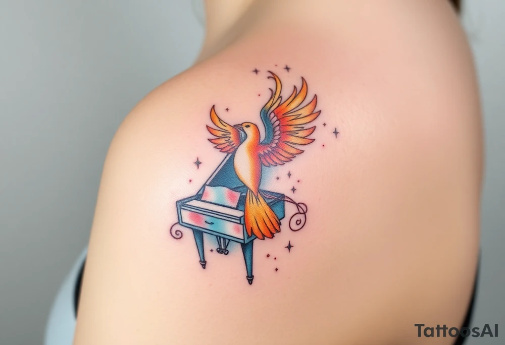 phoenix being reborn from a grand piano under the stars tattoo idea