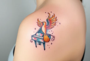 phoenix being reborn from a grand piano under the stars tattoo idea