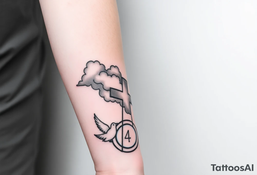 Big cross with clouds in the back everywhere  with a dove a the bottom left of the forearm with a blue circle ring it and the number 4 to the of the dove. cover the whole forearm tattoo idea