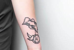 Big cross with clouds in the back everywhere  with a dove a the bottom left of the forearm with a blue circle ring it and the number 4 to the of the dove. cover the whole forearm tattoo idea