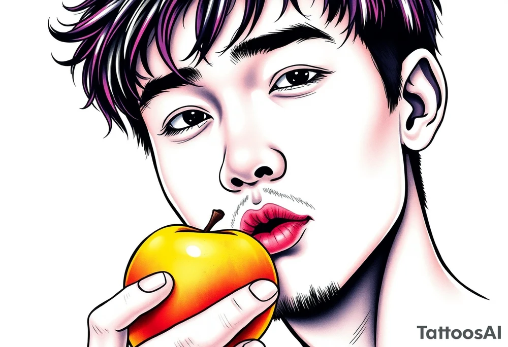 Handsome Asian young guy tasting an apple tattoo idea