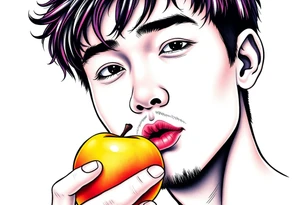 Handsome Asian young guy tasting an apple tattoo idea