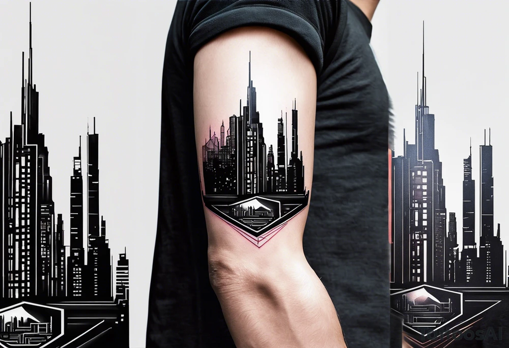cyberpunk 2077, forearm tattoo, geometric, subtle, men, city skyline tattoo idea