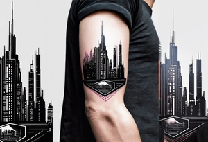 cyberpunk 2077, forearm tattoo, geometric, subtle, men, city skyline tattoo idea