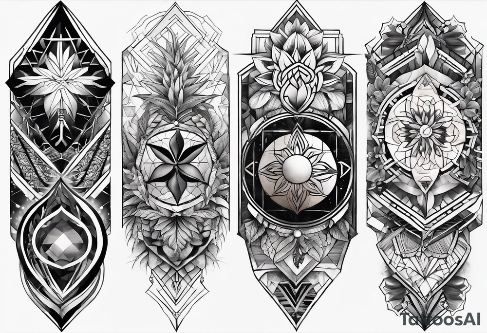 full sleeve tattoos for men with sacred geometry mixed tropical theme going from left chest to left hand with black outlines used throughout tattoo idea