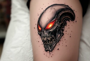 A shattered Xenomorph skull with red, orange, and yellow glowing from the cracks, evoking the violent nature of the species with a touch of vibrant energy. tattoo idea