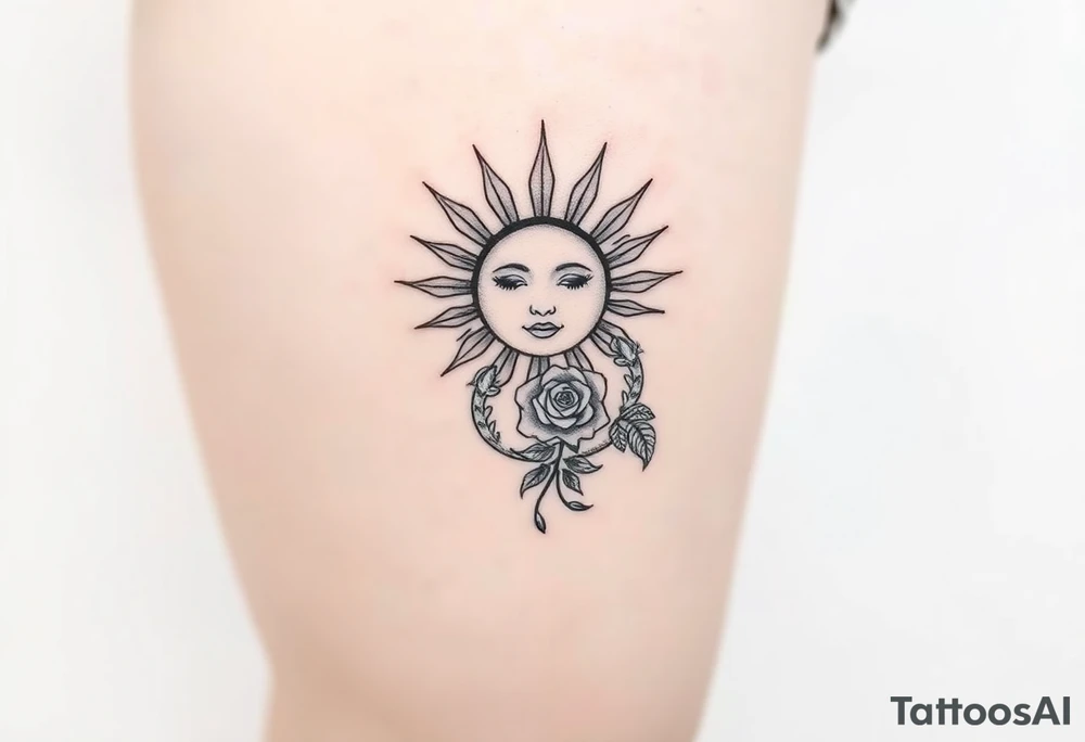 Sun with simple face, lines coming from
Sun, rose, and crab traditional tattoo idea