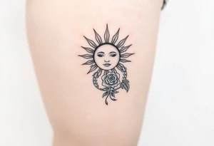 Sun with simple face, lines coming from
Sun, rose, and crab traditional tattoo idea