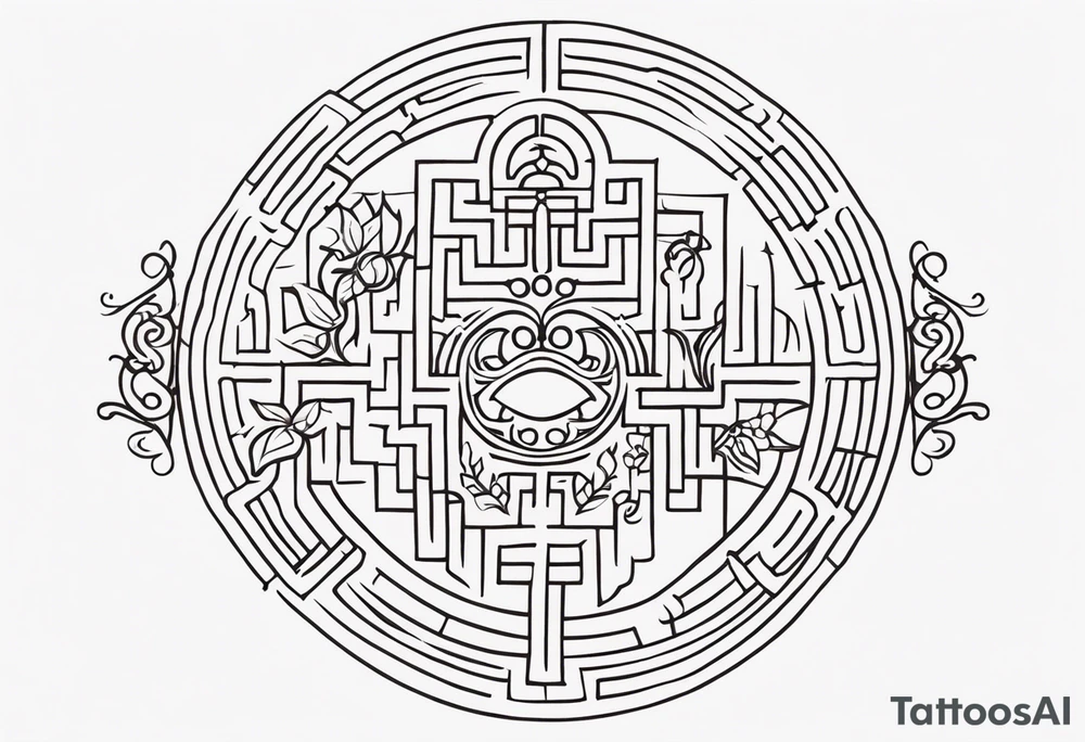 Labyrinth with symbols of bells and masquerade tattoo idea