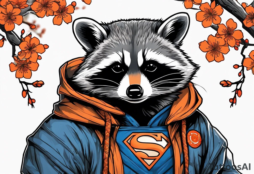 raccoon wearing a Superman hoodie with orange Japanese cherry blossoms tattoo idea