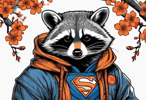 raccoon wearing a Superman hoodie with orange Japanese cherry blossoms tattoo idea