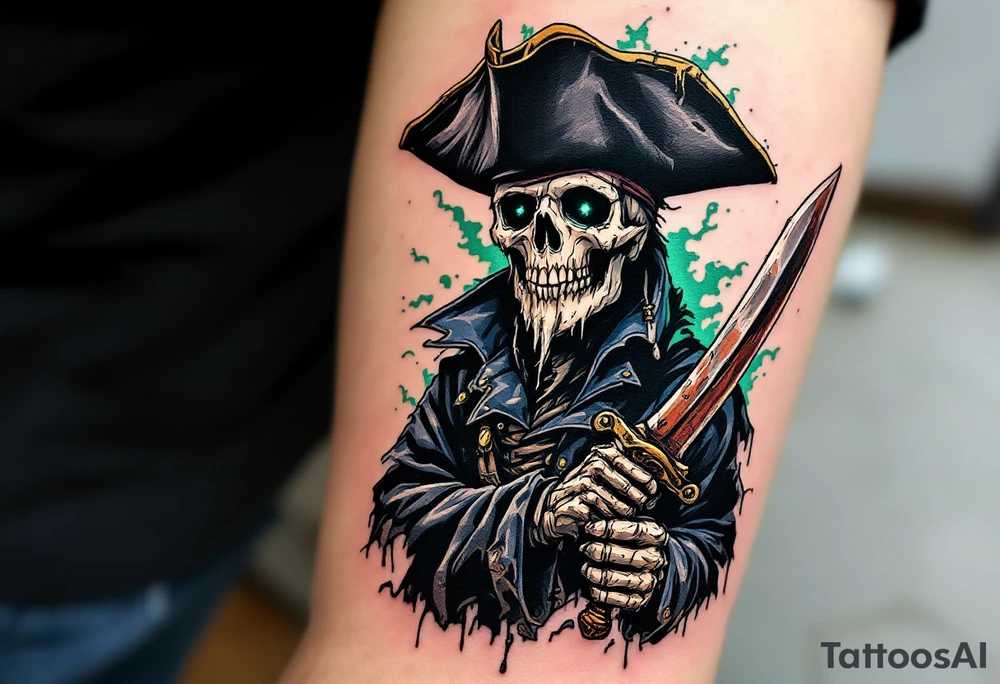 Ghost Captain’s Curse – A skeletal pirate captain with a tattered black tricorn hat and a rotting navy coat, gripping a rusty cutlass. His hollow eye sockets with an mist, and a ghostly green aura swirls around him. tattoo idea
