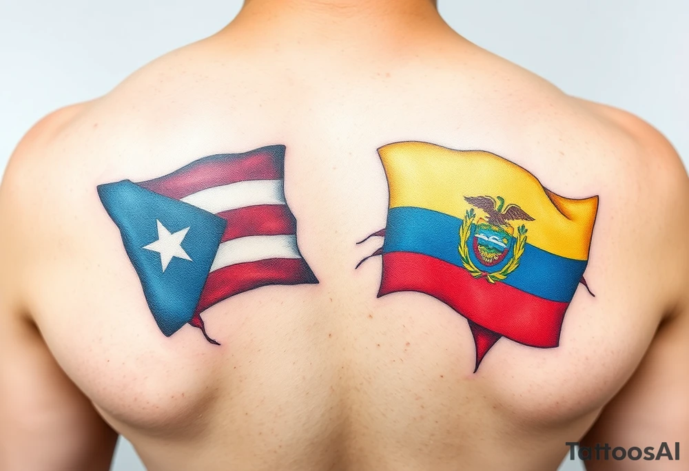 he representative elements of Puerto Rico and Ecuador, highlighting their flags, colors, and cultural symbols in a fluid and harmonious style. tattoo idea