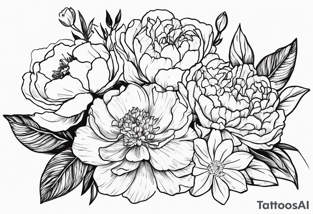 peony, carnation, daffodil, daphne, dahlia, desiree, daisy and rose tattoo idea