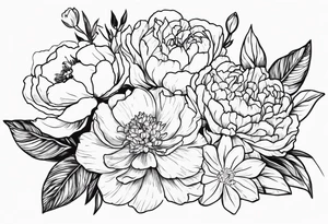 peony, carnation, daffodil, daphne, dahlia, desiree, daisy and rose tattoo idea