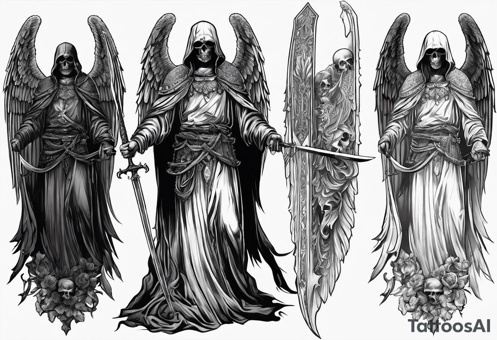 realistic full body of man angel of death, without face, holding sword, skulls on the ground tattoo idea