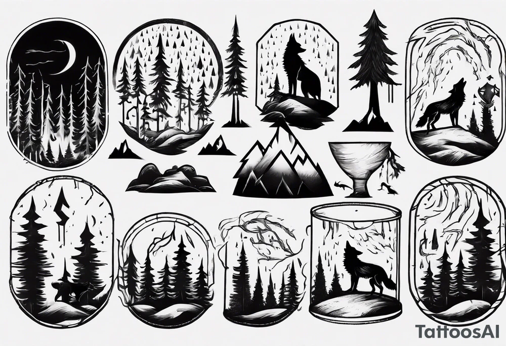 thunderstorm over a forest with a wolf howling on drums tattoo idea thunderstorm over a forest with a wolf howling on drums tattoo idea