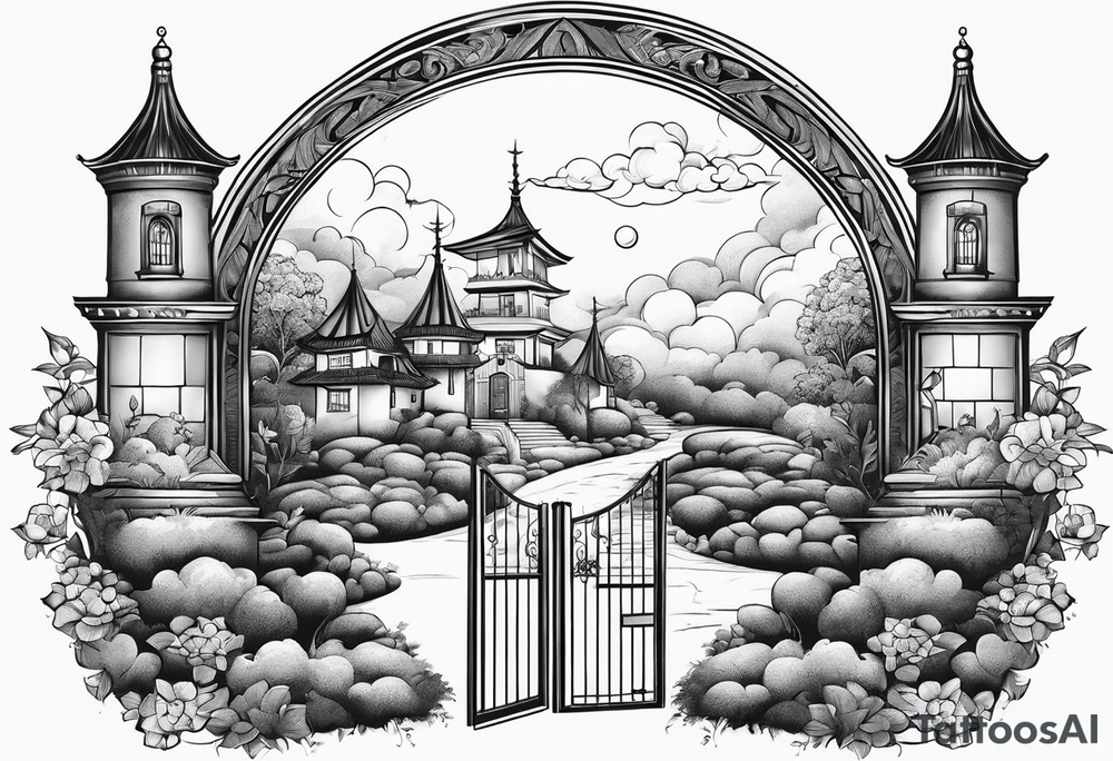 sky town garden with towers small houses gate entrance
in circle white clouds vignette tattoo idea
