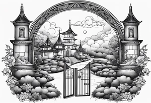 sky town garden with towers small houses gate entrance 
 in circle white clouds  vignette tattoo idea