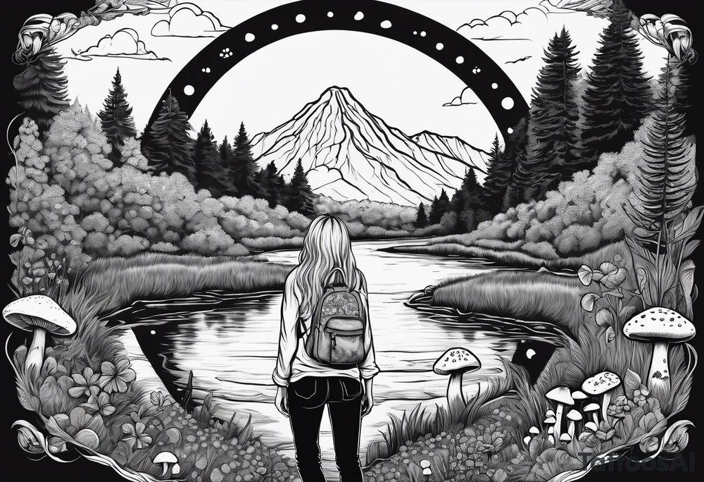 Whole picture encircled fully

Straight long blonde hair hippie girl in distance holding mushrooms in hand facing away toward mountains and creek surrounded by mushrooms long sleeve shirt and hiking pants; whole rendering within a full circle, no cut off circle tattoo idea