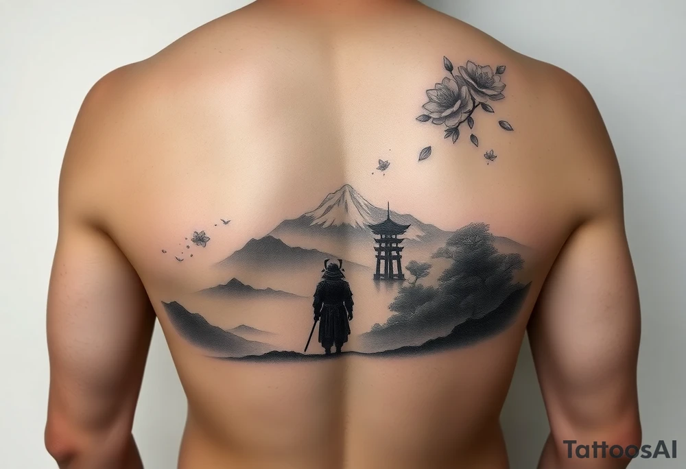 This upper arm continuation begins directly above the jagged treetop skyline, using the existing negative space as low-lying mist. From this fog emerges a grayscale mountain range, with fading silhouettes to maintain the tattoo’s moody depth. A lone samurai in traditional armor stands within the mist, his dark silhouette blending naturally with the scene below. Behind him, subtle outlines of a torii gate and a distant pagoda rise gently into view. Lightly drifting cherry blossoms and peonies, rendered in delicate grayscale linework, float upward through the mist, adding flow without breaking the wintery, monochrome aesthetic. tattoo idea