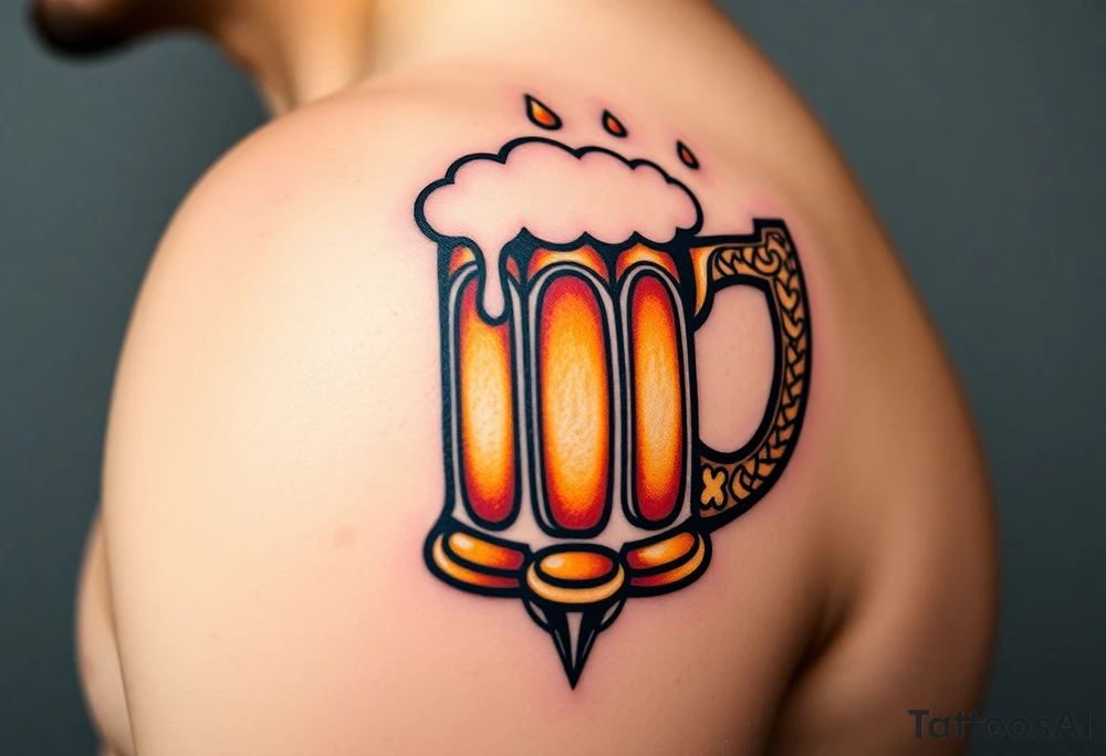 A frothy golden beer mug with condensation droplets, featuring intricate woodgrain textures on the handle tattoo idea