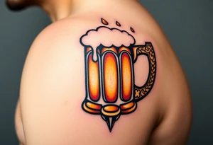 A frothy golden beer mug with condensation droplets, featuring intricate woodgrain textures on the handle tattoo idea