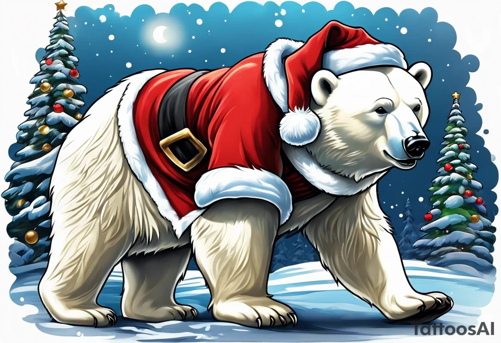 A polar bear dressed as Santa at Disney land castle tattoo idea