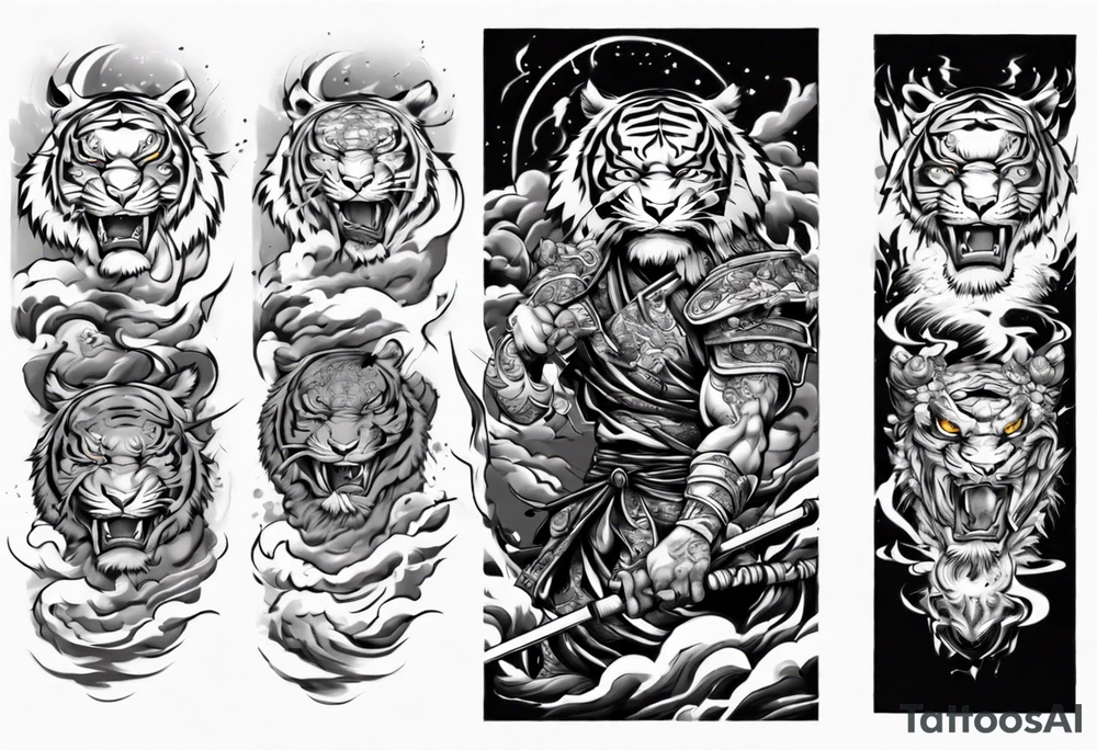 tiger warrior with lightning and the sun for a forearm sleeve tattoo idea