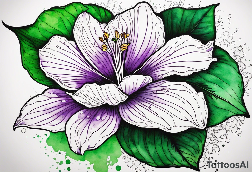 An outline of a rio dipladenia flower with a mystical green/purple watercolor splash in the background tattoo idea