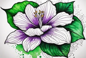 An outline of a rio dipladenia flower with a mystical green/purple watercolor splash in the background tattoo idea