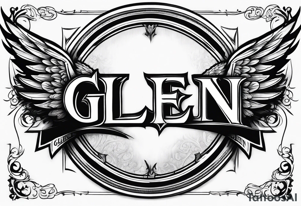 The word Glenn on a banner with angel Wings tattoo idea