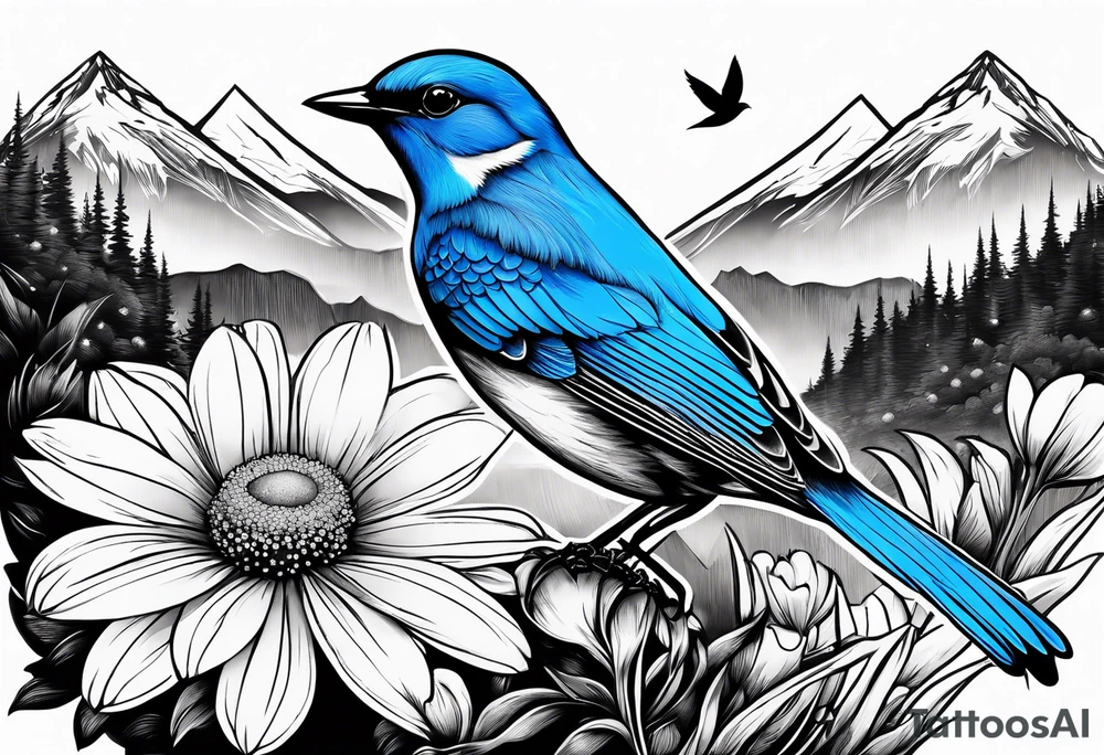 Small blue bird in forefront of Mountain View with daisy flower tattoo idea Small blue bird in forefront of Mountain View with daisy flower tattoo idea