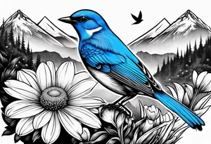 Small blue bird in forefront of Mountain View with daisy flower tattoo idea