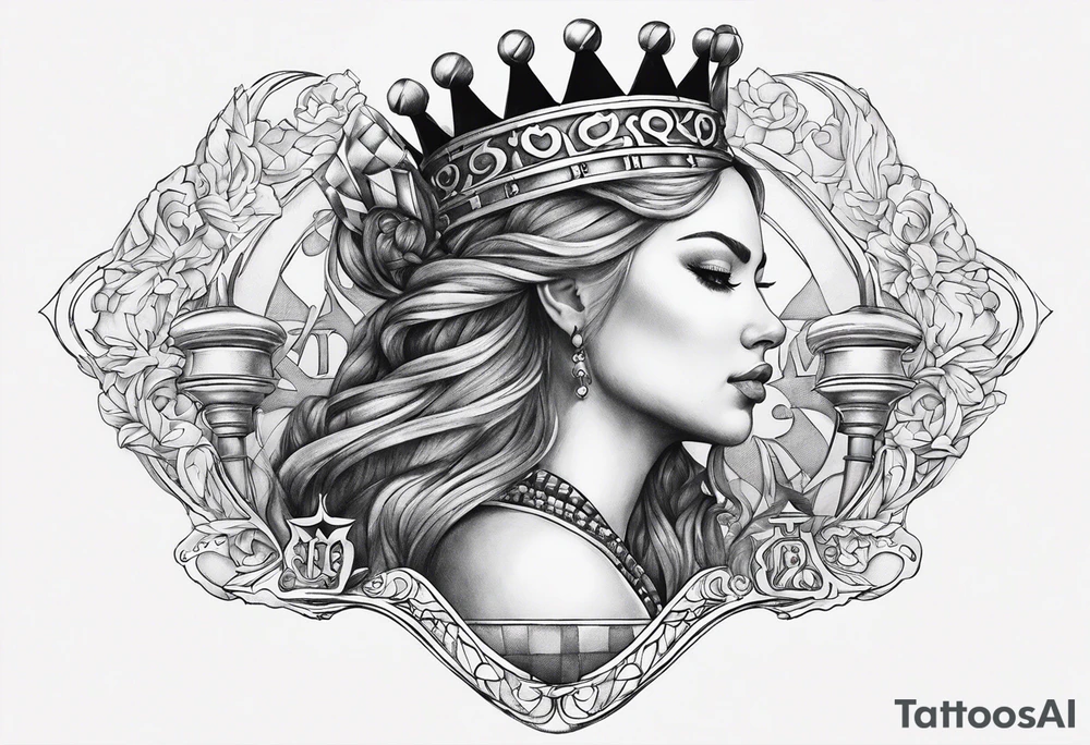 soft chess queen contour with letters MAJA tattoo idea