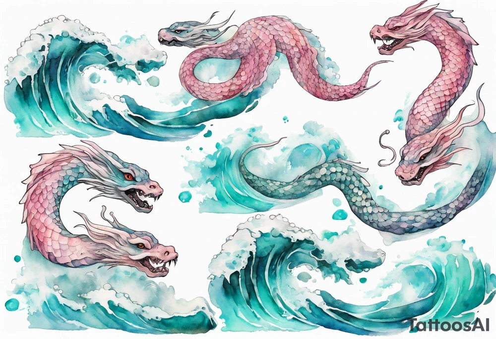 a gentle Falkor sea-serpent hybrid with turquoise and pink scales emerging from the waves tattoo idea