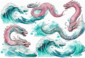 a gentle Falkor sea-serpent hybrid with turquoise and pink scales emerging from the waves tattoo idea