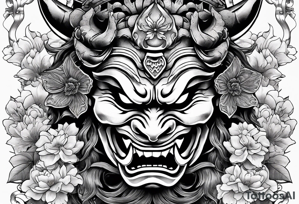 Oni mask with a background of Japanese temples and cherry blossoms tattoo idea