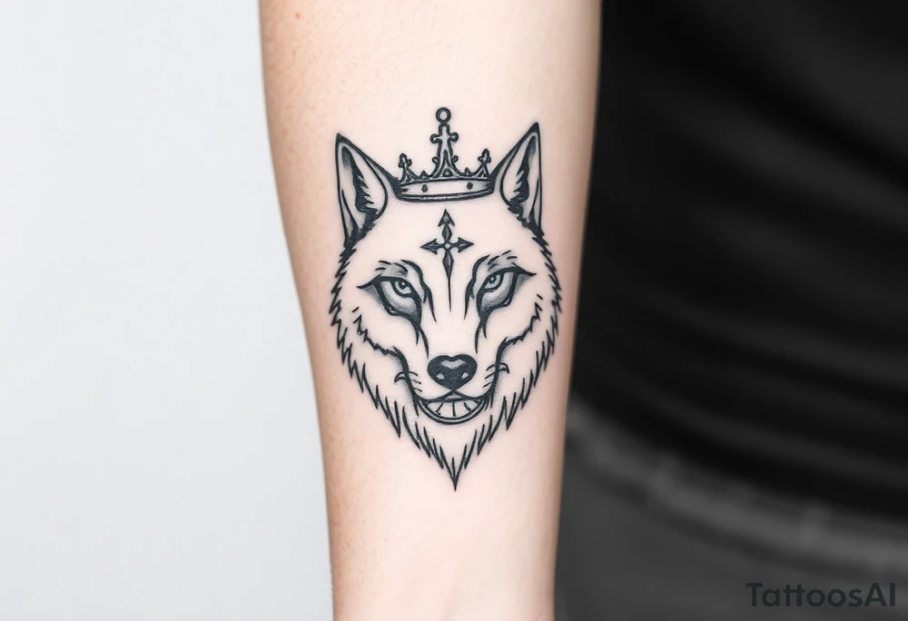 Minimalist linework tattoo featuring a wolf’s head with calm, wise eyes, a half-broken crown above it, and a small compass and vintage clock integrated into the design. Clean black ink, elegant, symbolic, forearm tattoo placement. tattoo idea
