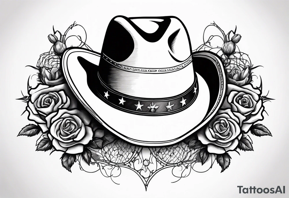 Country acoustic guitar with cowboy hat, barbed wire and roses in background tattoo idea