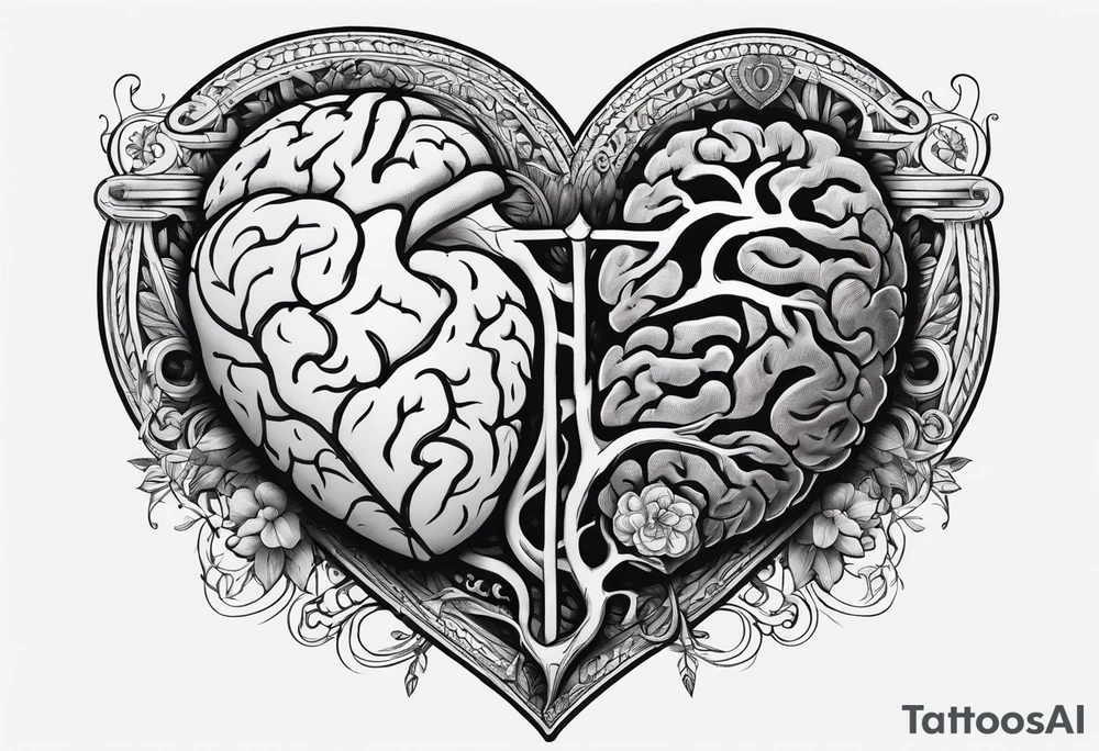Heart and brain with a line down the middle symbolizing balance tattoo idea